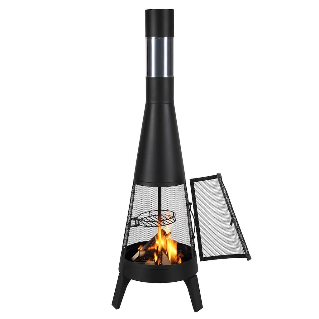 20 Inch Chiminea Outdoor Wood Burning Firepit with Grill Mesh & Chimney Coat
