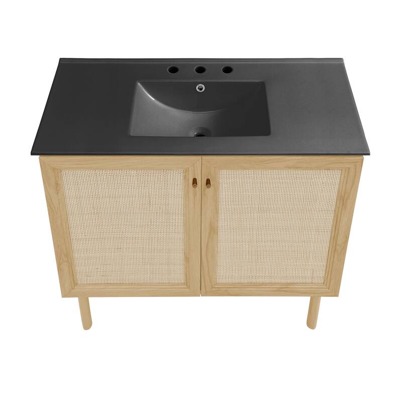Classe 36 In. Natual Oak Bathroom Vanity With Black, 3-Hole Ceramic Sink Top