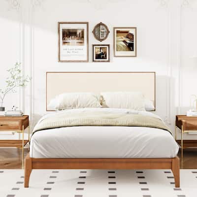 Solid Dry Bamboo Wood Platform Bed with Bamboo Frame, Upholstered Adjustable Headboard, Noise-Free Design, Easy Assembly