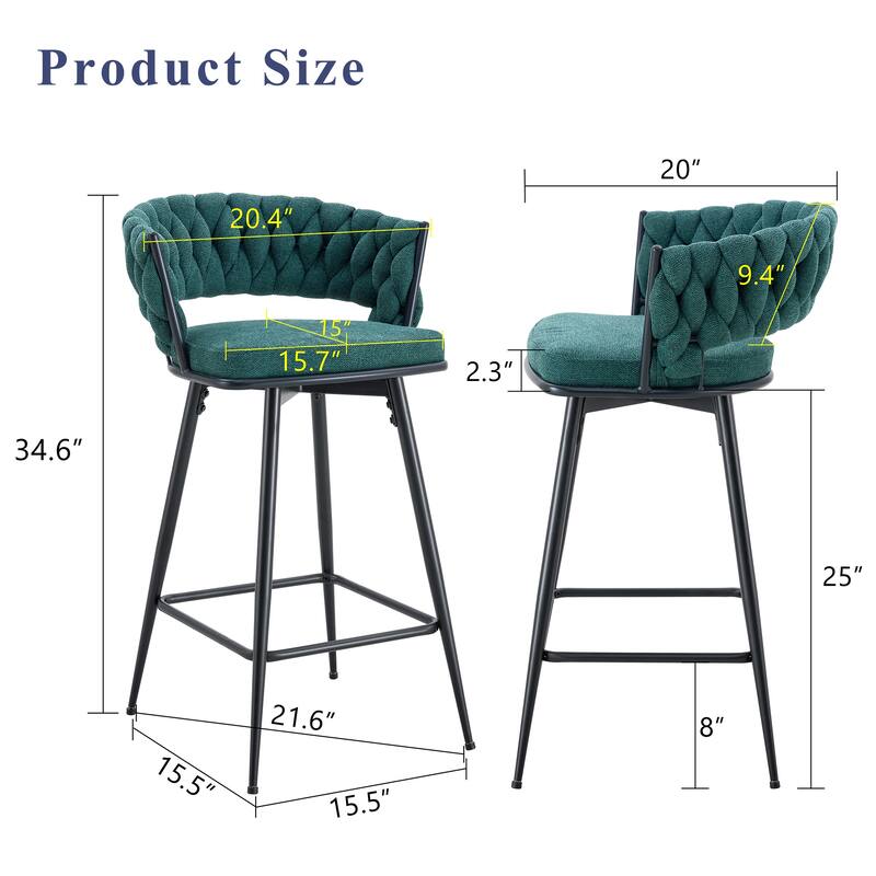 Set of 4 Swivel Bar Stools with Retro Green Linen Seat & Black Iron Frame for Restaurants & Bars
