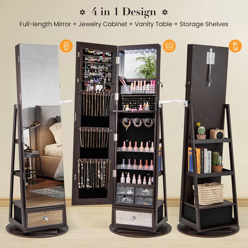 Gymax Swivel Jewelry Cabinet w/ Mirror Jewelry Storage Organizer