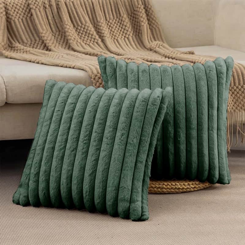 Modern Stripe Faux Fur Square Throw Pillows (Set of 2) - Green