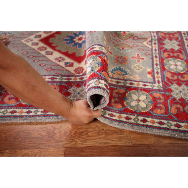 Gray Geometric Kazak Foyer Rug Hand-Knotted Hallway Wool Carpet - 3'3" x 4'4"