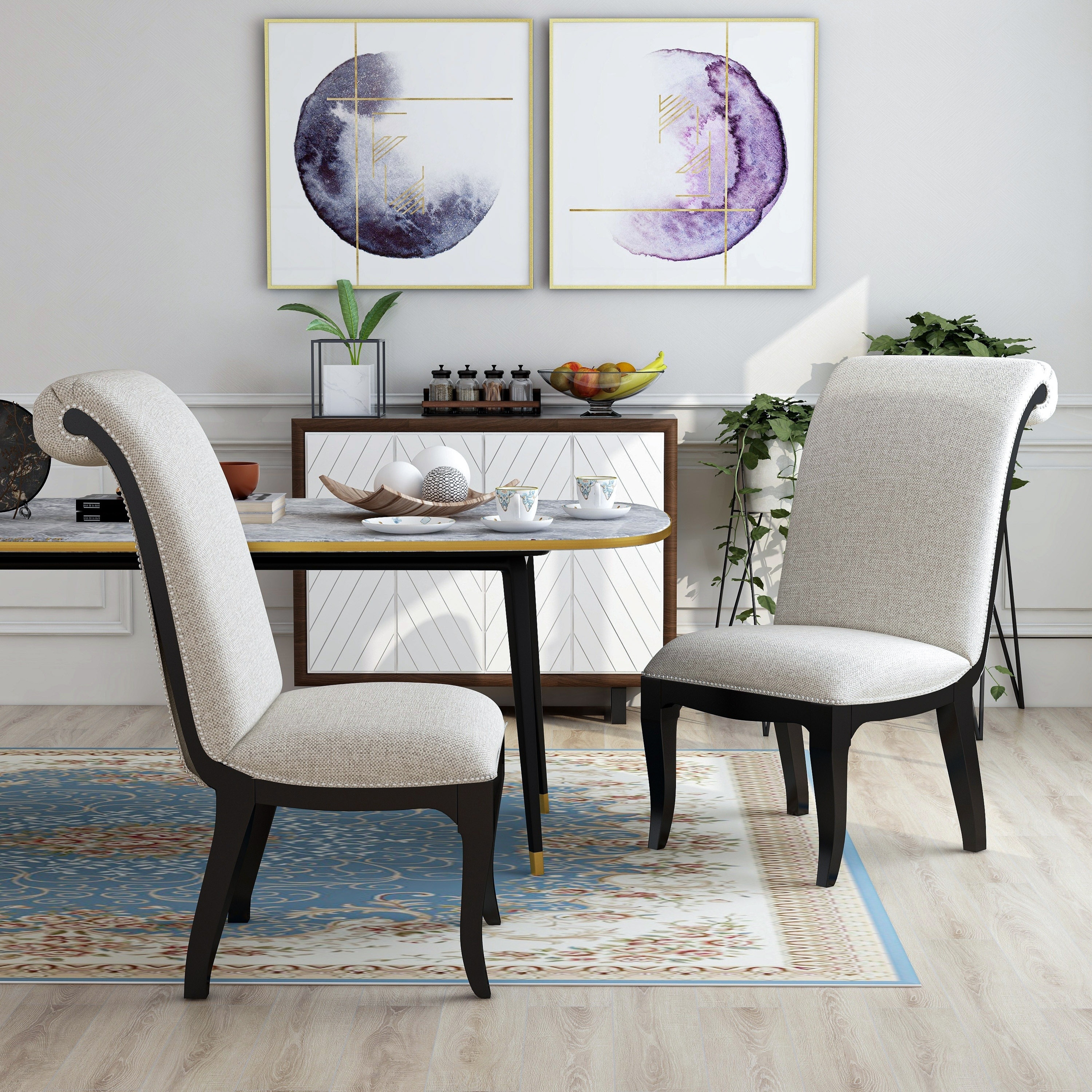 Pair of fabric scroll back dining chairs new arrivals