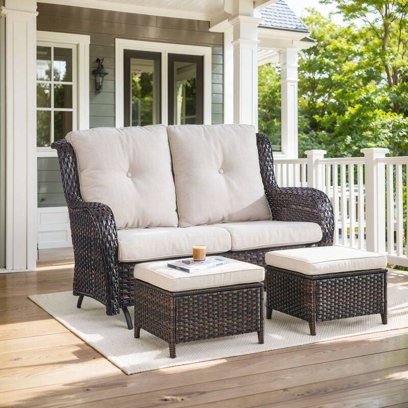 Outdoor Glider Sofa Funitre Set - Brown Rattan - Beige Cushion - 2PCS Sofa with Ottoman