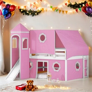 Full Size Playhouse Loft Bed with Slide Pink Tent and Tower,Spacious Under Bed Space