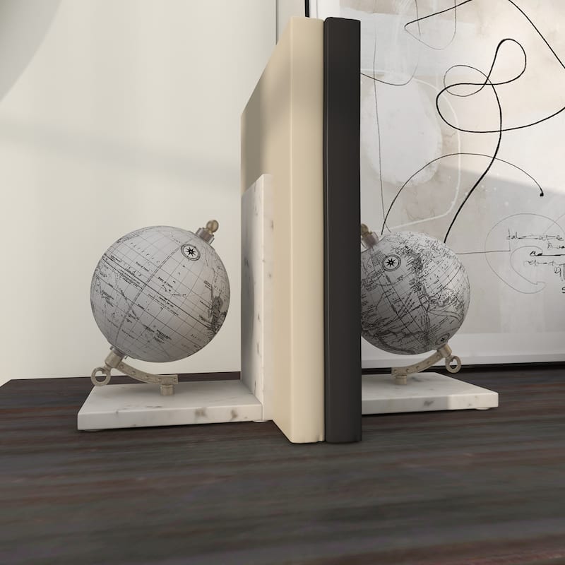 Marble Globe Decorative Bookends with Silver Metal Accents - Set of 2 White - Roche River Decor