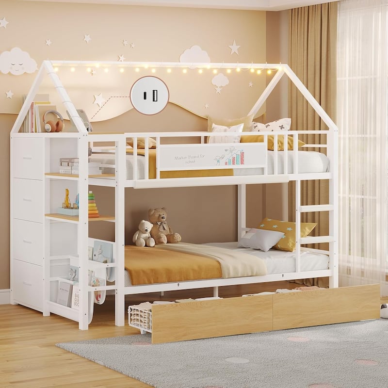 House Low Loft Bed Twin Size Storage Drawers Bookcase LED Lights - White - TT