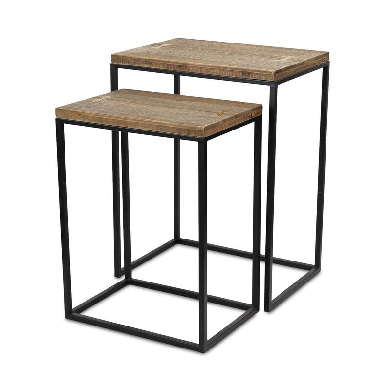 Set of 2 Black and Natural Wood Stacking Side Tables 24"