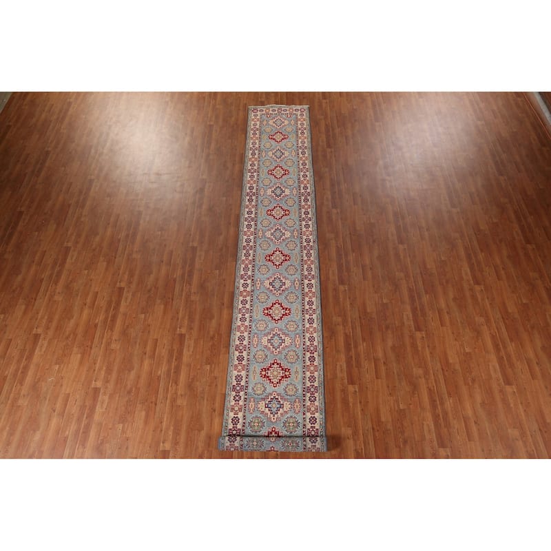 Light Blue Kazak Runner Rug Handmade Geometric Wool Carpet - 2'9" x 16'2"