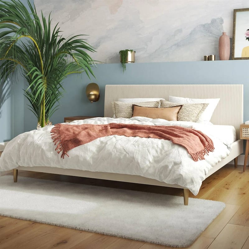 Off-White Ivory Cream Upholstered Platform Bed Frame with Headboard - King