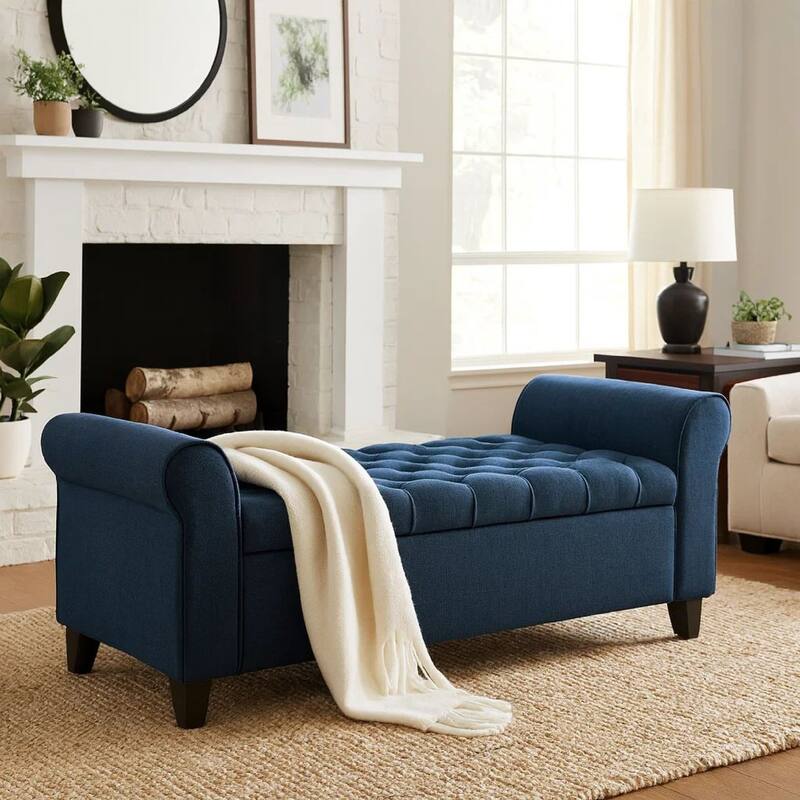 Shawn Storage Bench with Rolled Arms, 50 Inch Button Tufted, Dark Blue