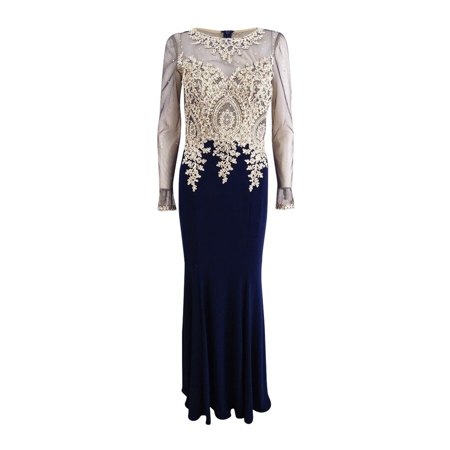 xscape plus size embroidered gown