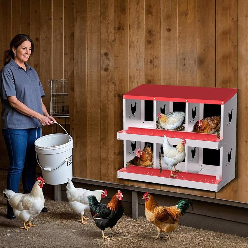 Wall-Mount or Free-Standing Metal Chicken Nesting Box for Hens, Red