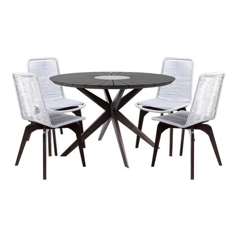 5 Piece Wood and Rope Outdoor Dining Set, Brown and White