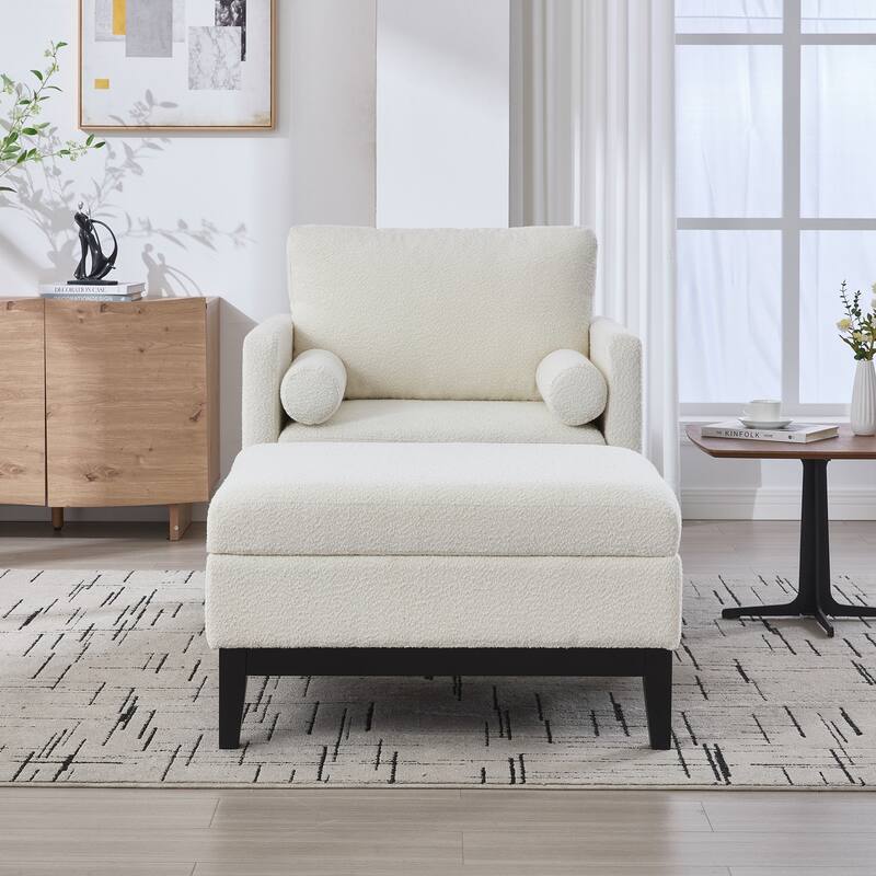 Upholstered Wood Base Square Accent Arm Chair with Ottoman