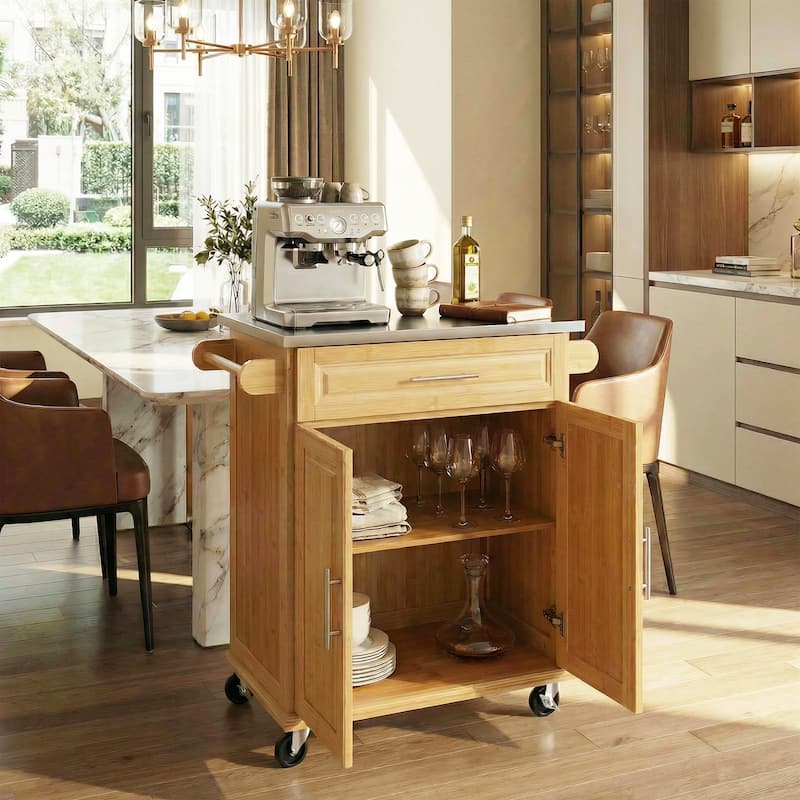 Christopher Knight Home - 29"W Bamboo Outdoor Kitchen Cart with Stainless Steel Top