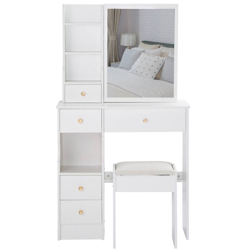 Vanity Desk with Sliding Mirror, Makeup Table with Drawer and Multi Layer Storage Rack, Vanity Set with Cushioned Stool
