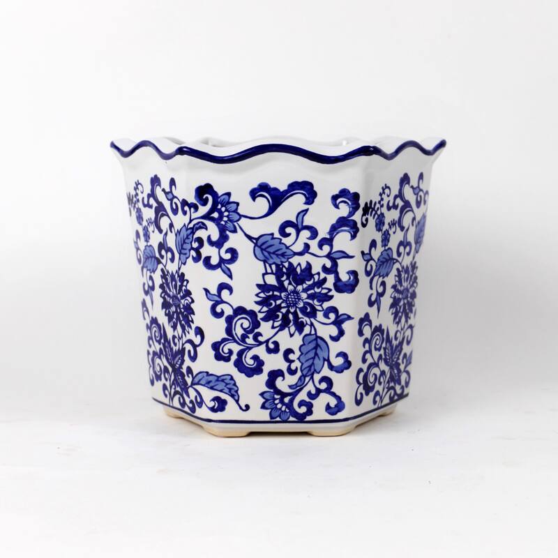 Euro Ceramica Blue and White Ceramic 3 Piece Chinoiserie Garden Planter Set - Set of 3