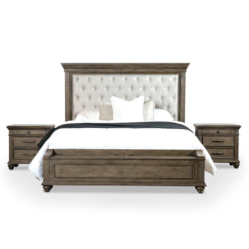 Furniture of America Rubb 3-Piece Aged Oak Wood Tufted Panel Bedroom Set with Storage Footboard Bench