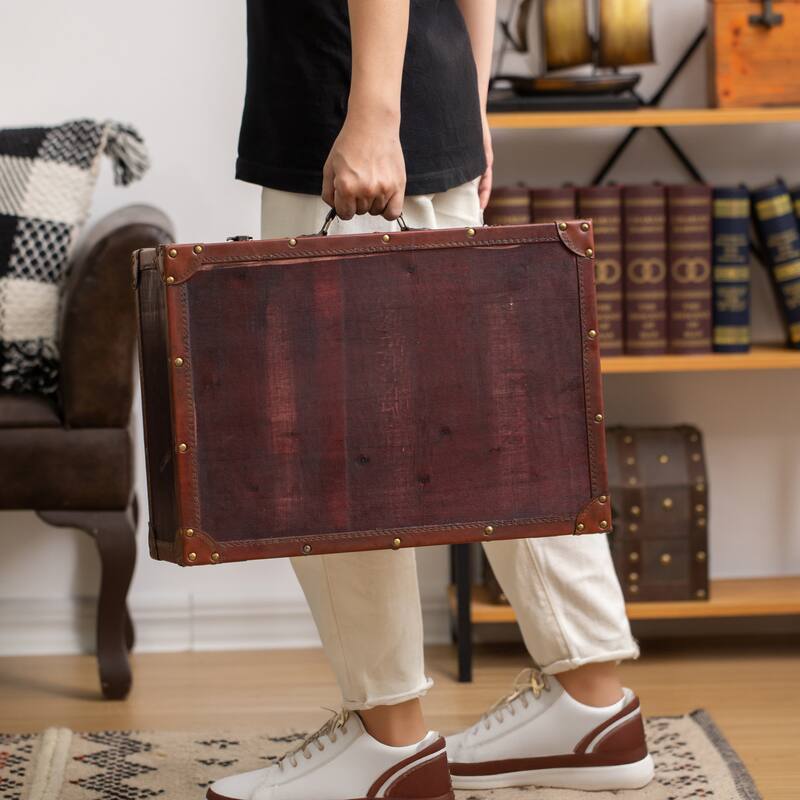 Vintiquewise Cherry Wooden Vintage-style Suitcase with Leather Trim - Exact Color
