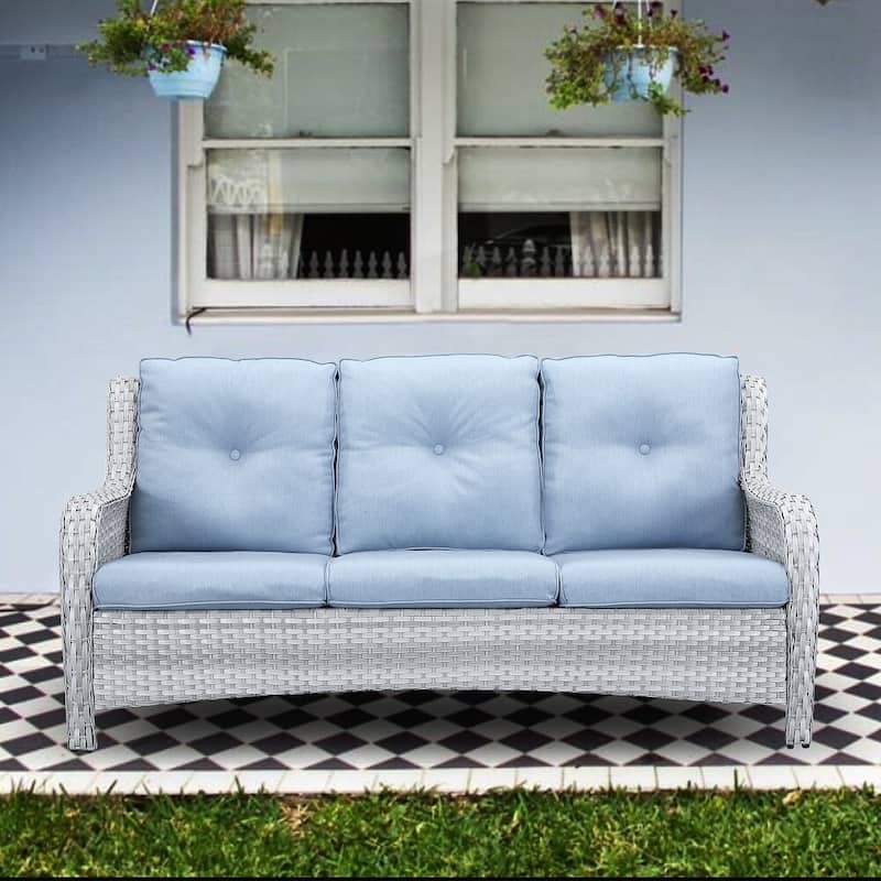 Gymojoy Patio Wicker 3-Seat Sofa with Ottoman - Light Grey - Baby Blue