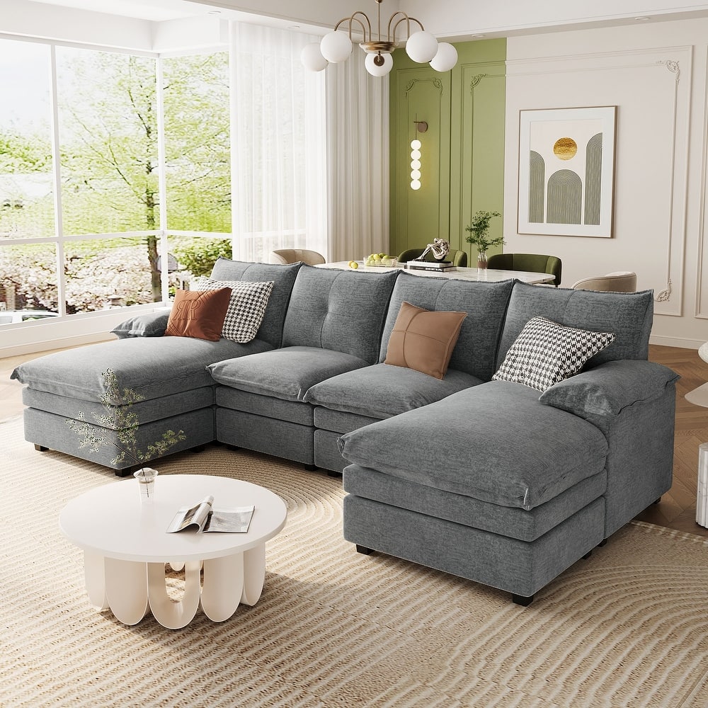 U-Shaped Chenille Sectional - Adjustable Armrest Pillows, Spacious Design for Living Rooms & Offices