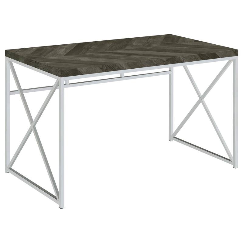 Modern Writing Desk with Chrome X-Shaped Metal Base and Rustic Grey Herringbone Finish for Office or Living Room