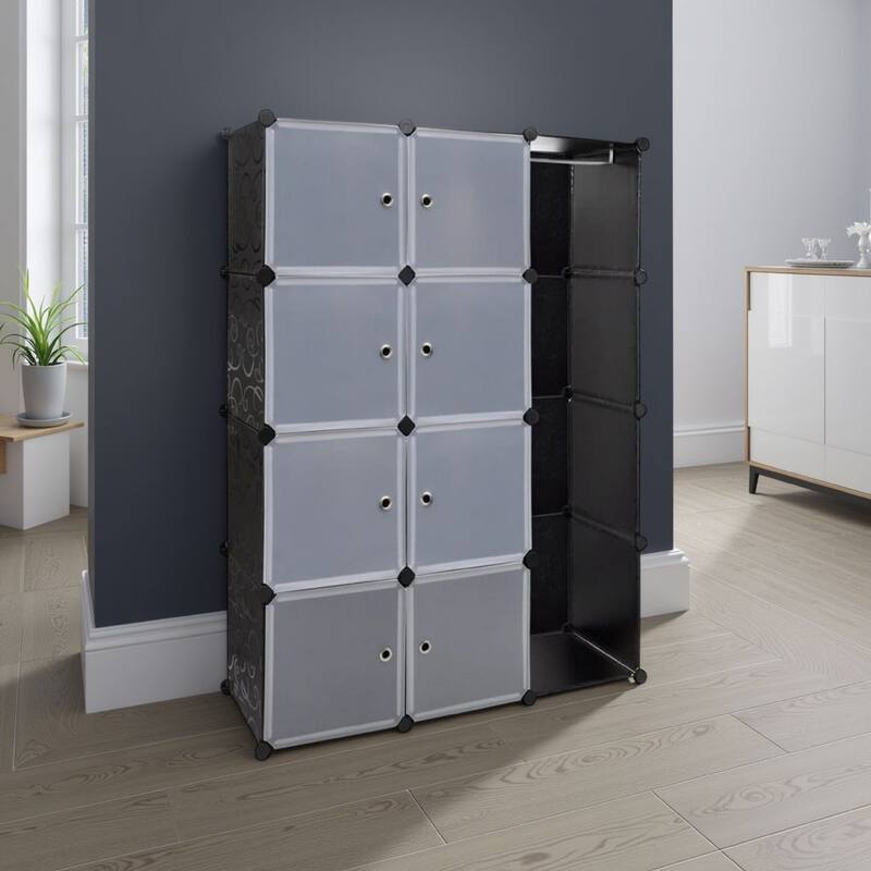 Modular Cabinet, 8 Storage n Hanging Compartments, Black White 59 Inch