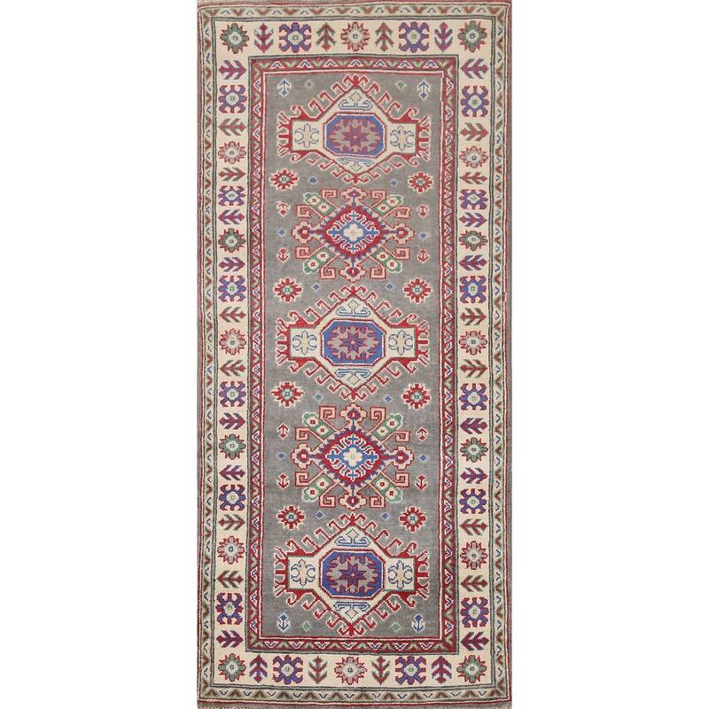 Hand Knotted Oriental 100% Wool Carpet Traditional Geometric Greys & Charcoal Kazak Runner Rug - 6' 7'' X 2' 7''