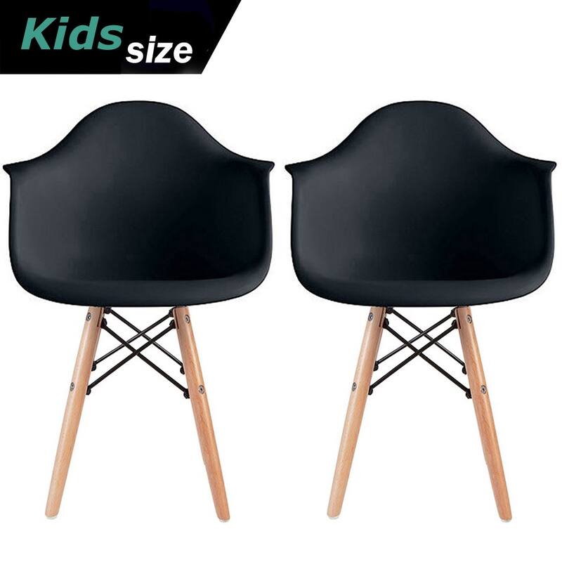 Set of 2 Modern Kids Toddler Size Molded Plastic Armchair With Arma Seat for Children's Room Natural Wood Eiffel Legs - Black