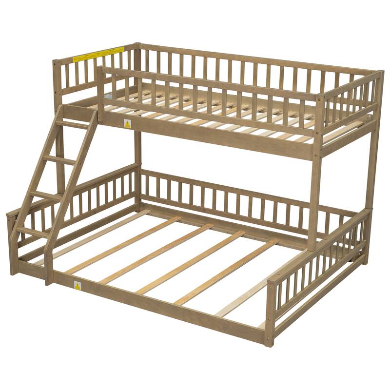 Twin XL over Queen Bunk Bed with Ladder and Guardrails in Walnut Finish