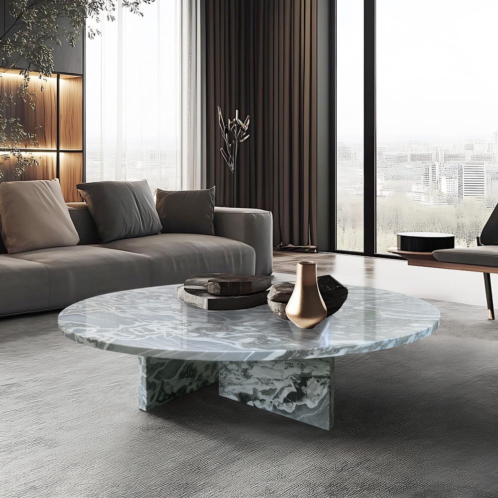 Roomfitters Round Marble Coffee Table, Natural Stone Living Room Table, Solid Marble Low Profile Design
