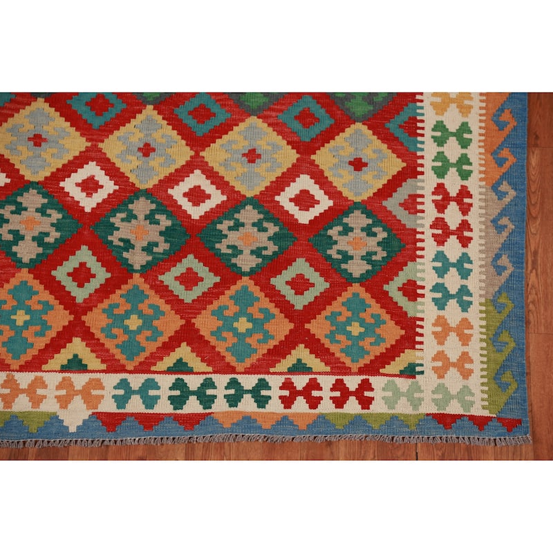 Hand Woven Oriental 100% Wool Carpet Southwestern Geometric Red Kilim Area Rug - 8' 4'' X 5' 10''