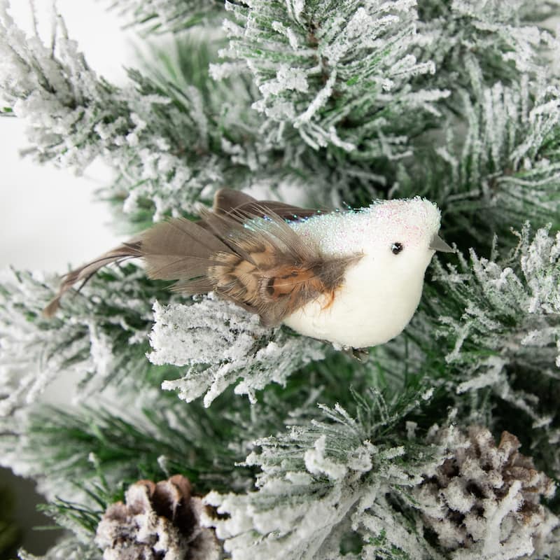 Bird with Clip and Feathers Christmas Ornament - 6" - White and Brown