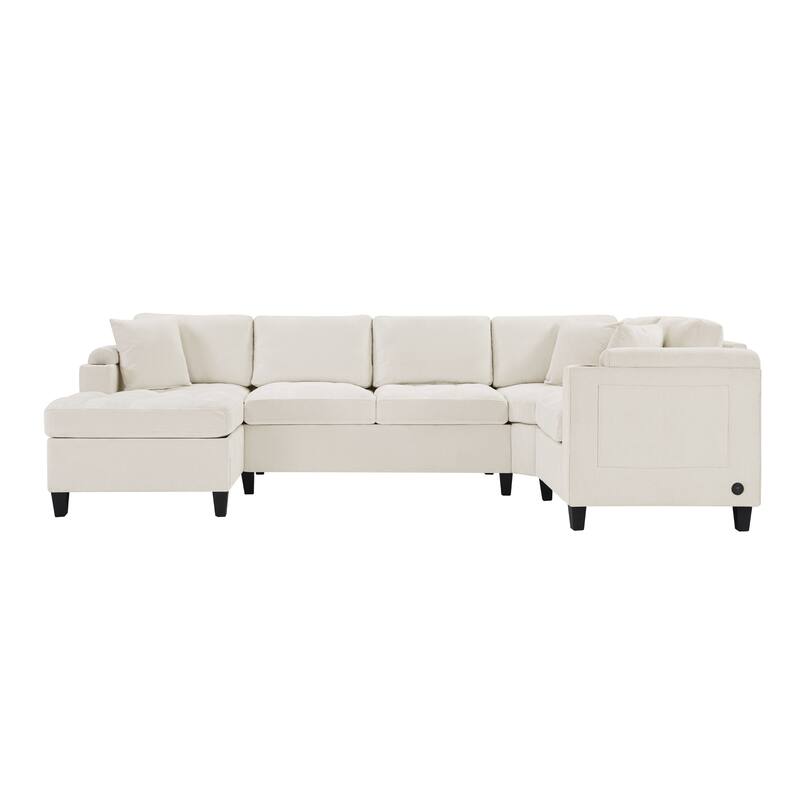Oversized Corner Sectional, Modern U-Shaped Sectional Sofa with Built-in Storage Boxes and Dual Cup Holders, USB Ports, Pockets