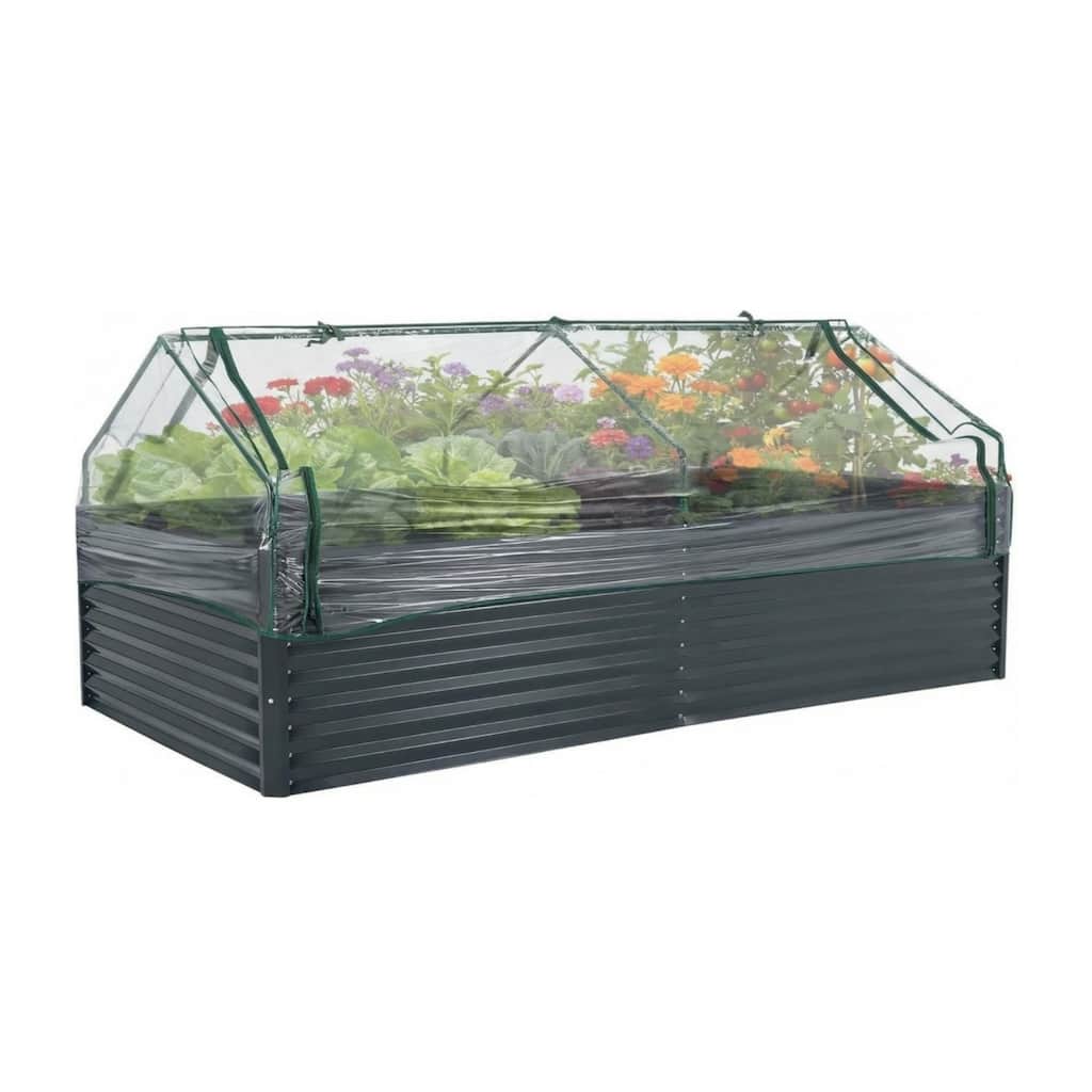 8 x 4 x 2 FT Galvanized Steel Raised Garden Bed Kit with Zipper-Door Greenhouse Cover Gray