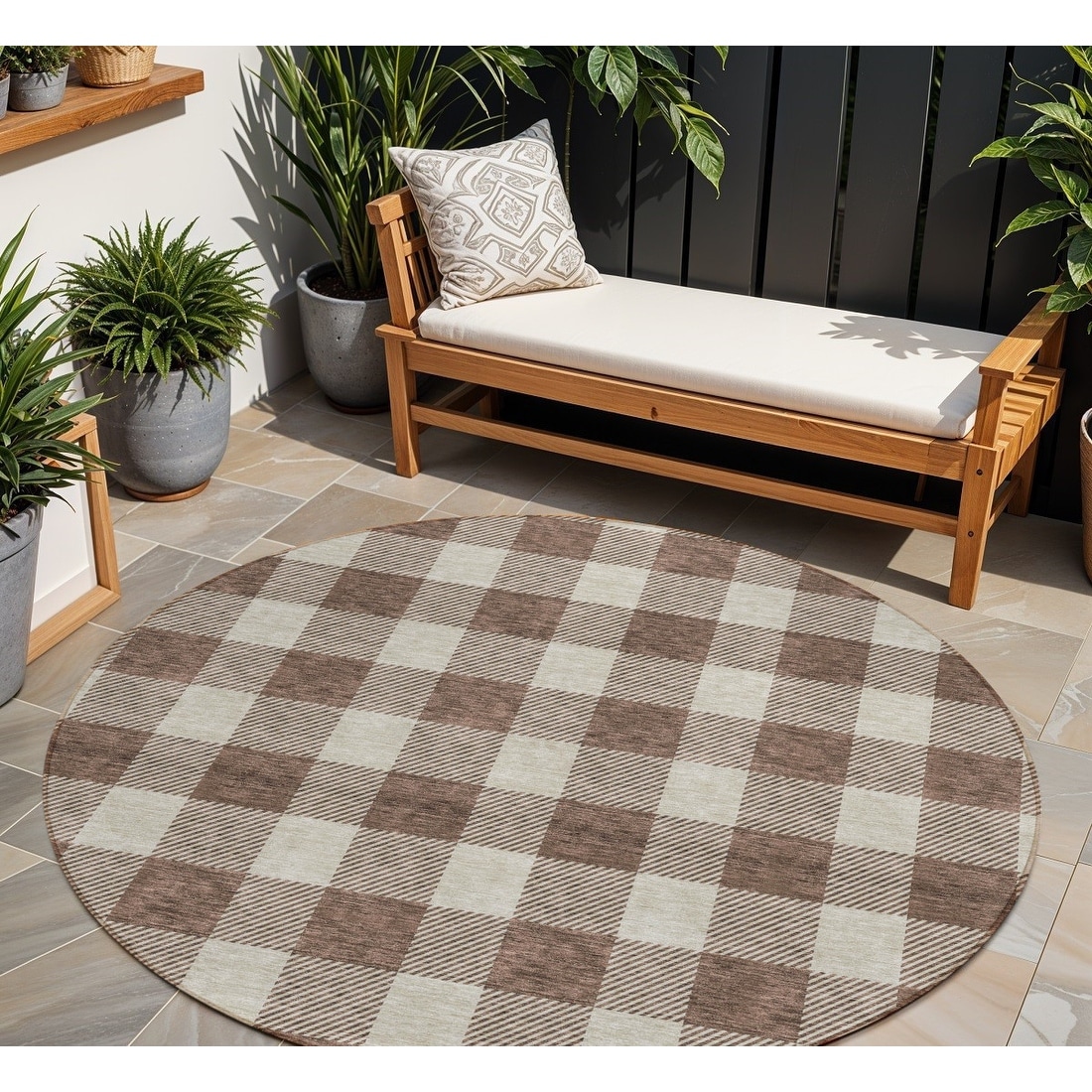 8' Brown And Beige Round Plaid Washable Indoor Outdoor Area Rug - 8' x 11'