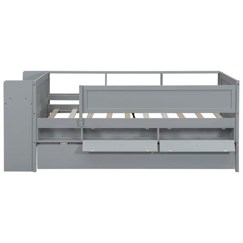 Multi-Functional Twin Size Daybed with 2 Drawers and Twin Size Trundle, Wooden Sofa Bed Frame w/ Headboard Storage & Study Desk