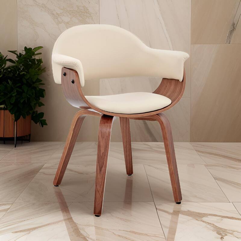 Leatherette Dining Chair with Curved Seat, Cream and Brown