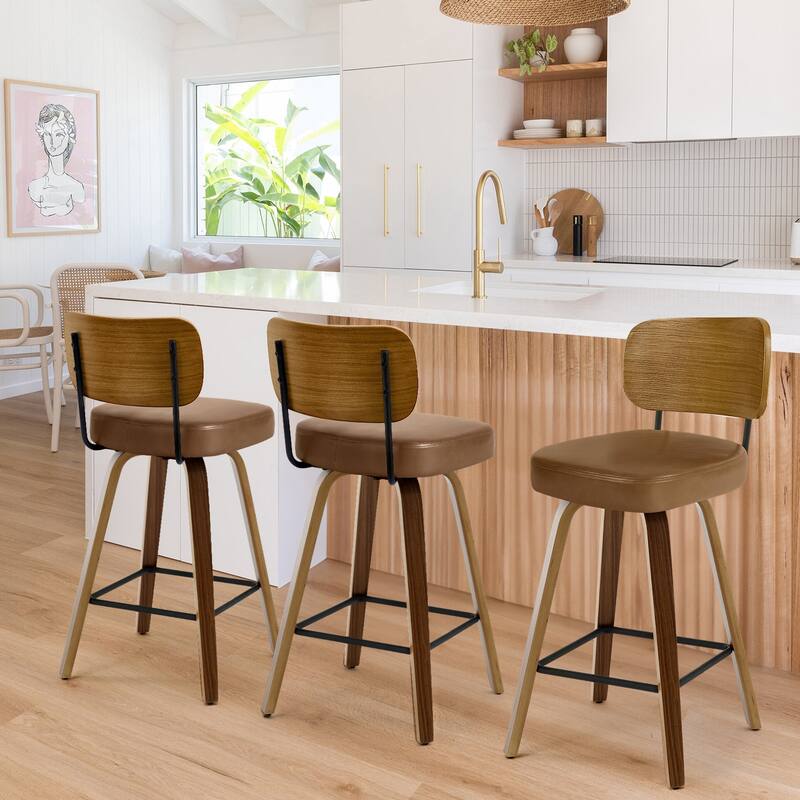 26" Swivel Upholstered Counter Height Bar Stool - 36.4" H x 17.1" W x 20" D - Set of 3 - Brown