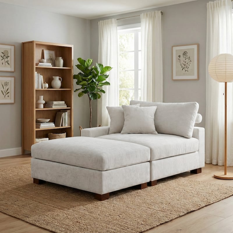 Oversized Chenille Modular Armchair And Ottoman Set Living Room Set - Off-White - Left facing