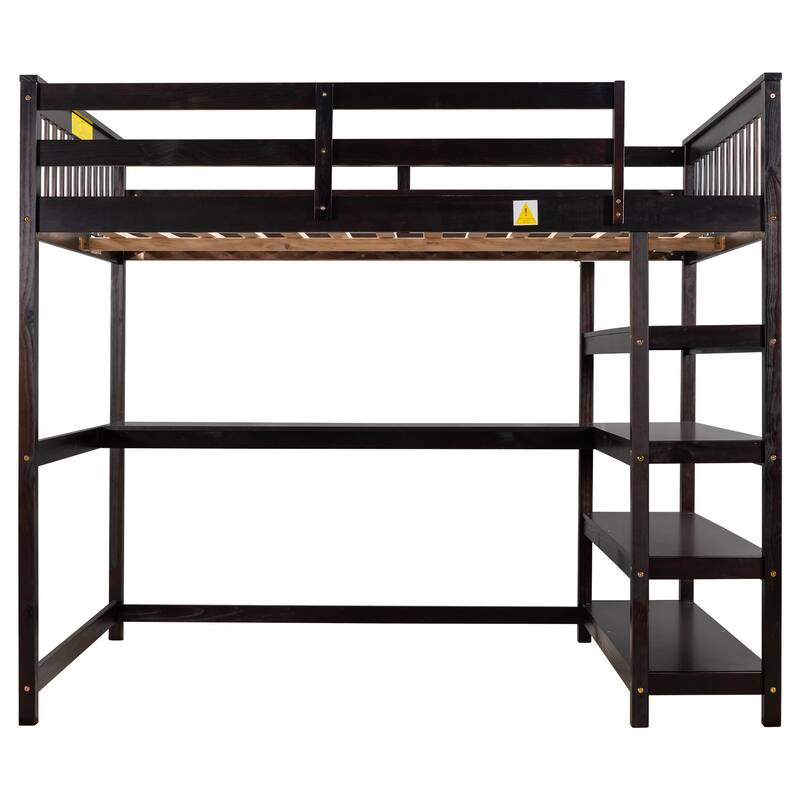 Full Size Loft Bed with Storage Shelves and Under-bed Desk in Espresso Finish