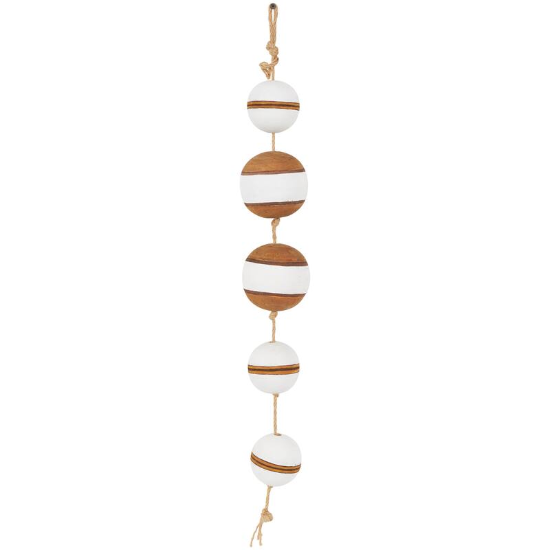 Brown Wood Two-Toned Striped Hanging Buoy Home Wall Decor with White Accents and Jute Rope