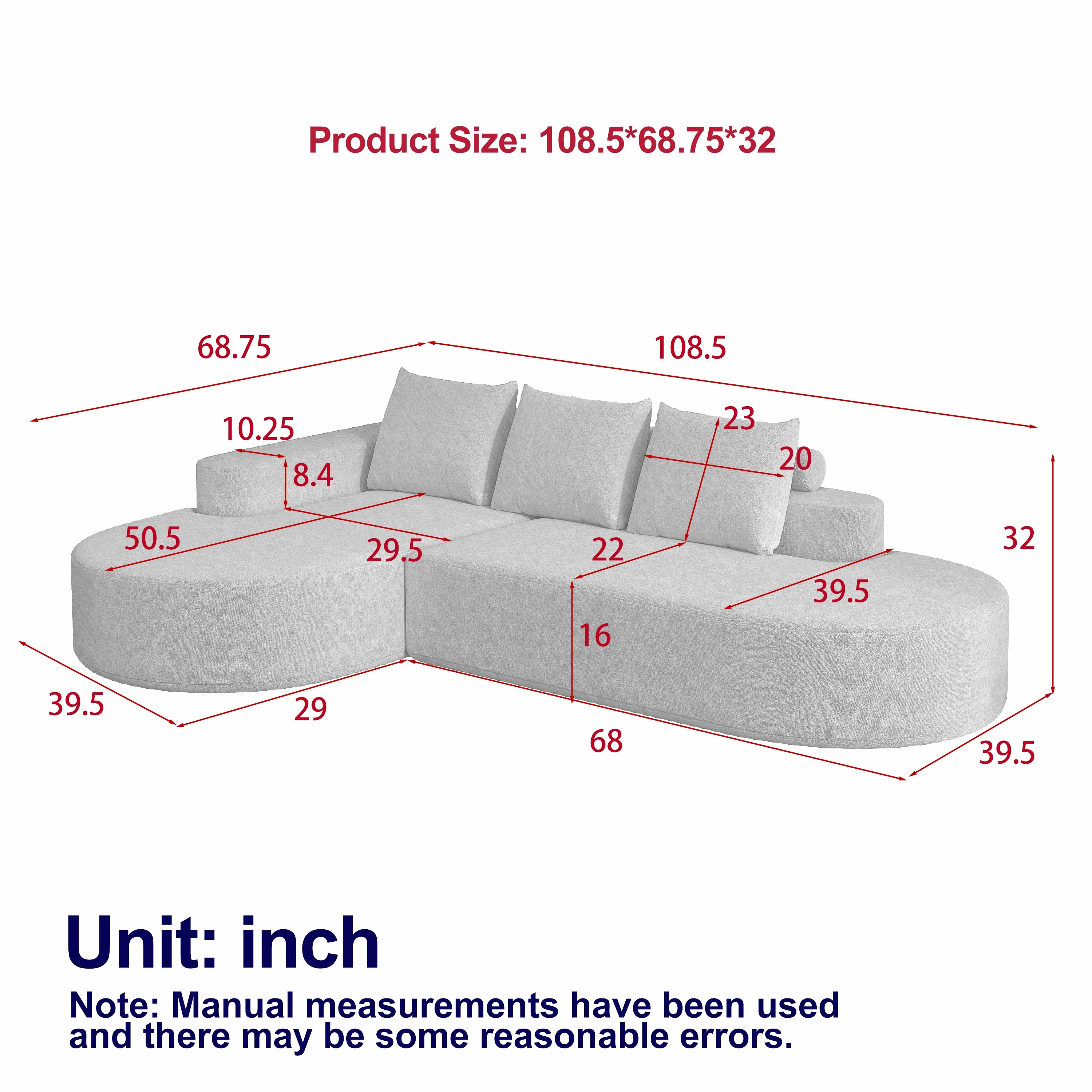 L Shaped Modular Curved Sectional Sofa, Chenille Upholstered 3 Seat Sofa, Corner Sofa with 3 Pillows for Living Room, Bedroom