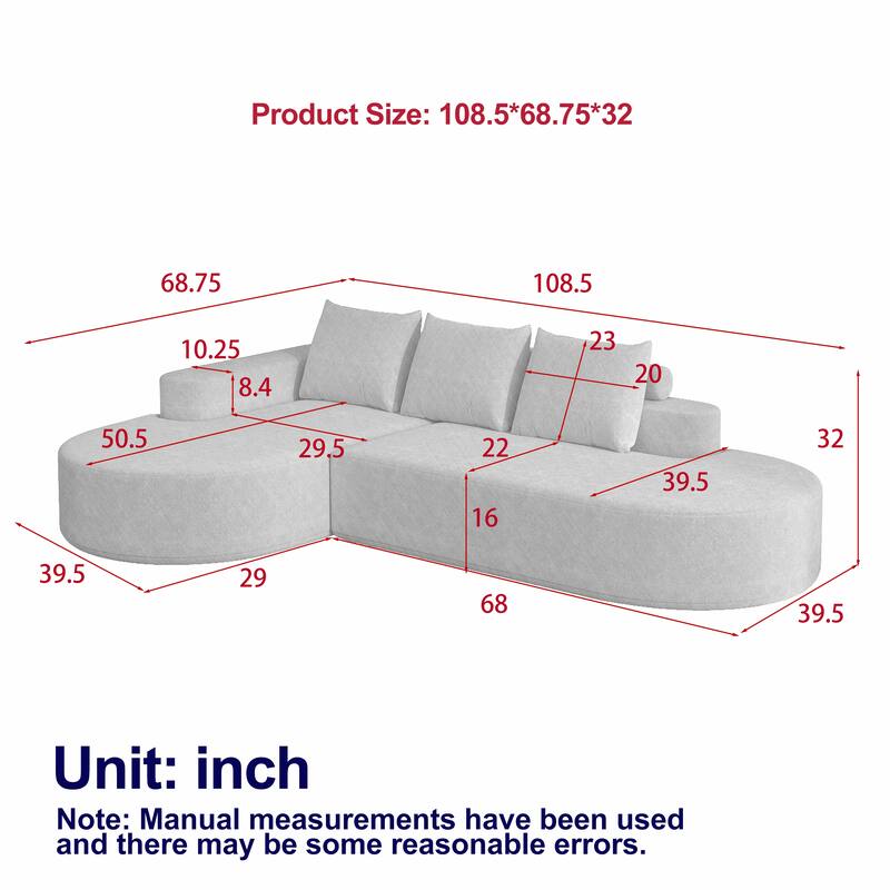 L Shaped Modular Curved Sectional Sofa, Chenille Upholstered 3 Seat Sofa, Corner Sofa with 3 Pillows for Living Room, Bedroom - Beige