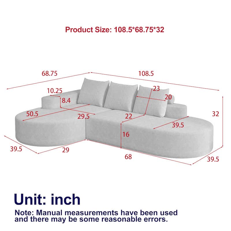 Roomfitters 108.5" Modern Curved Chenille Sectional Sofa, Modular L-Shaped Couch with 3 Pillows