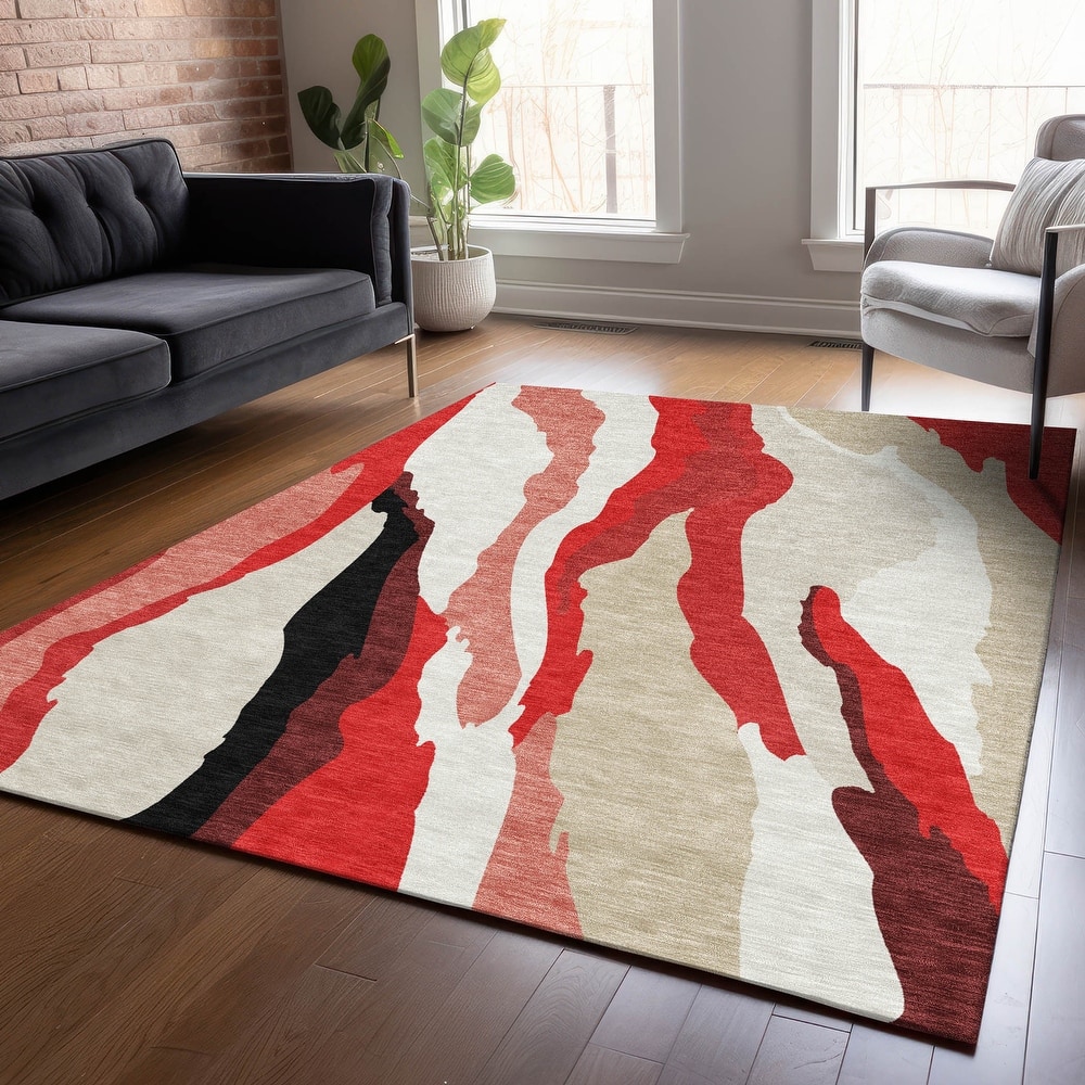 Machine Washable Indoor/ Outdoor Abstract Contemporary Chantille Rug