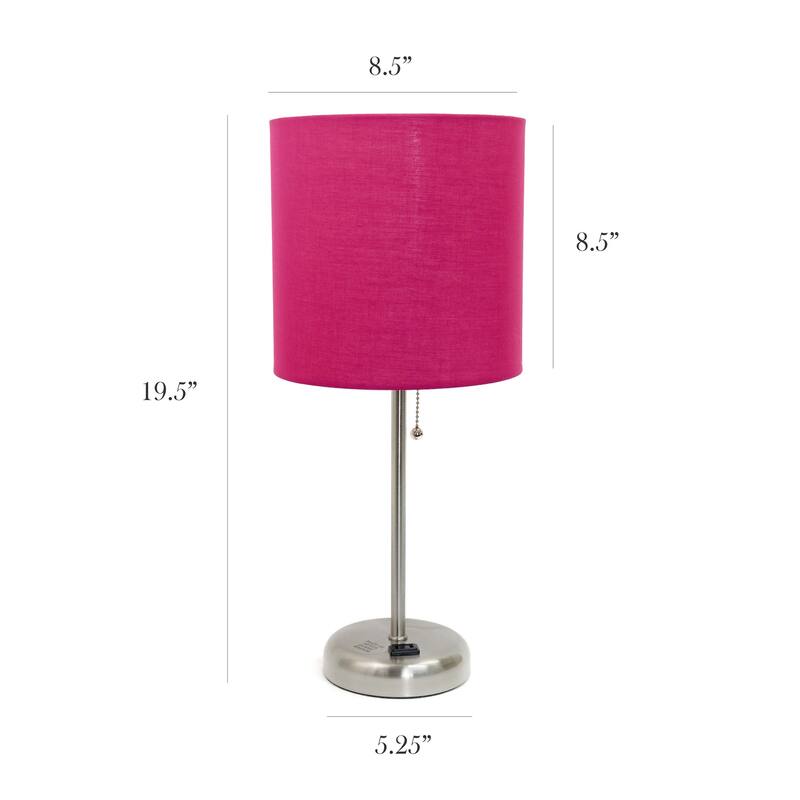 19.5 in. Brushed Steel Finish Table Lamp with Pink Shade, Durable Stick Lamp for End/Side Tables, Set of 2
