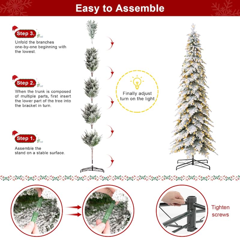 Glitzhome 11ft Pre-Lit Flocked Pencil Spruce Artificial Christmas Tree with 700 Warm White Lights